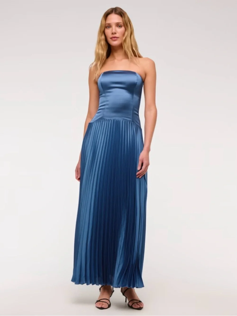 Abercrombie & Fitch Strapless Pleated Satin Maxi Dress in Blue